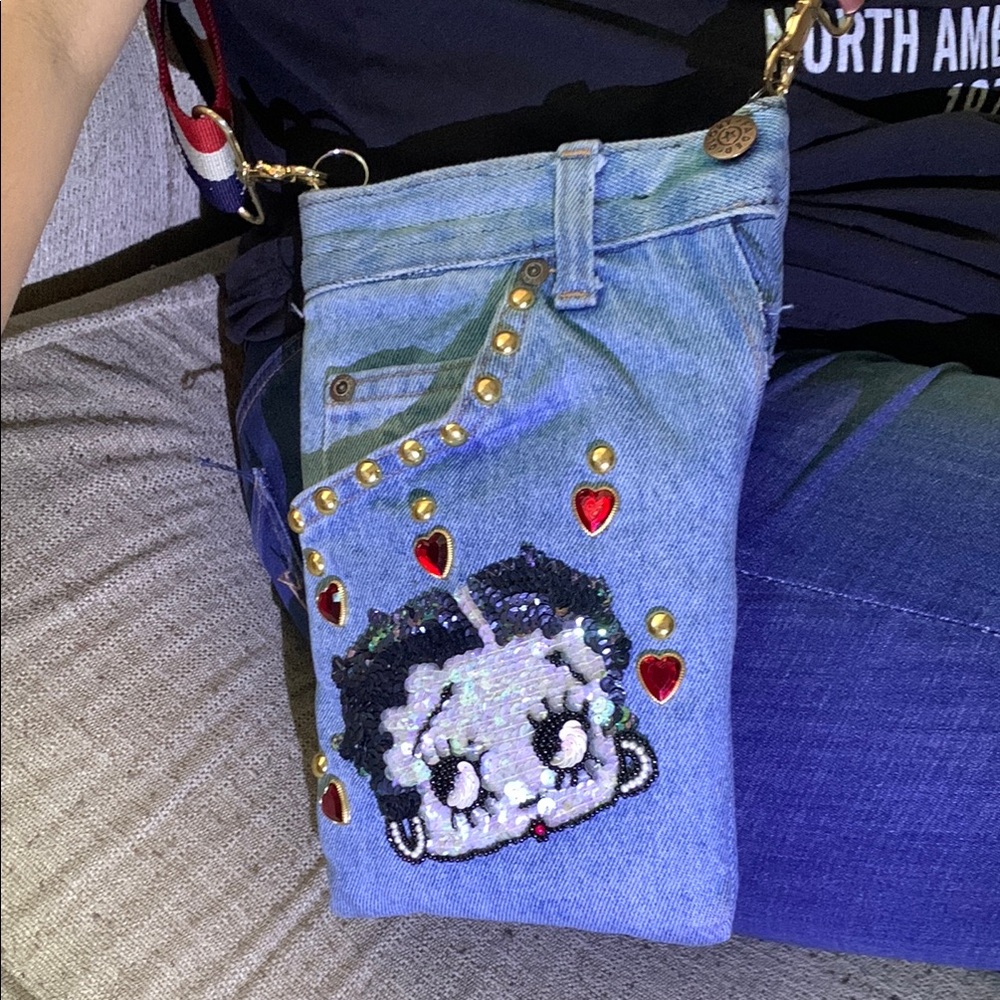 Denim Cartoon Betty Boop Embellished Crossbody Bag